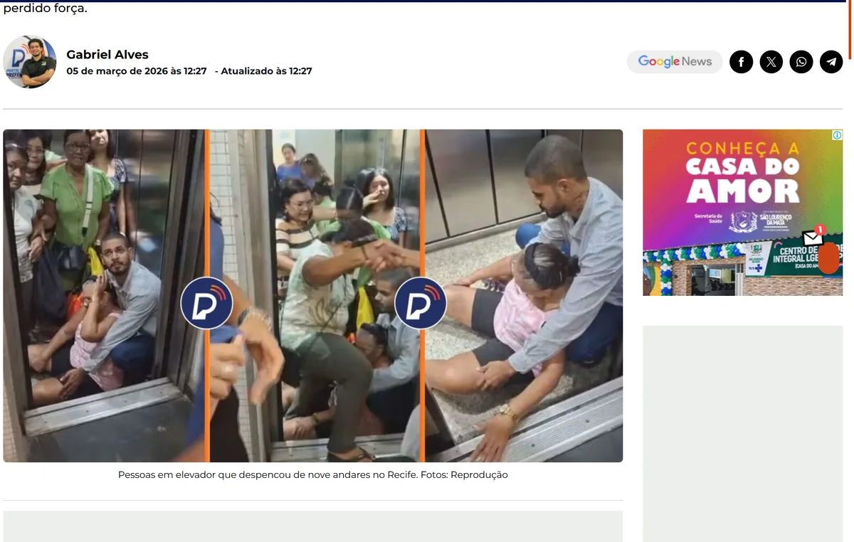 Elevador de prédio comercial despenca 9 andares em Recife